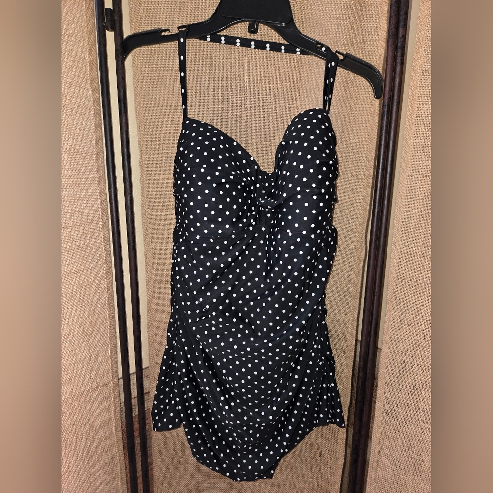 Women's Merona Black White Polka Dot Swim Dress Size XL
